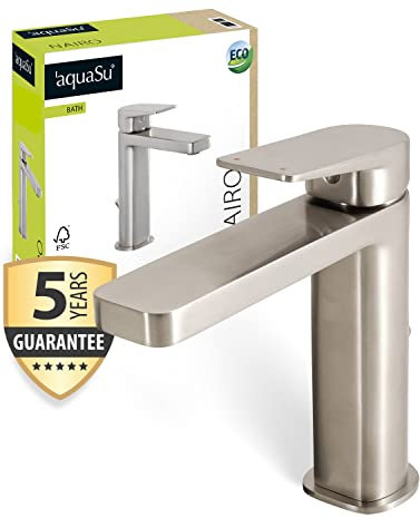 'aquaSu® Waschtischarmatur Nairo, mit Wasserspar-Mischdüse, Excentergarnitur, Keramikkartusche, Standard-Montage, Messingkern, Edelstahl, 797221