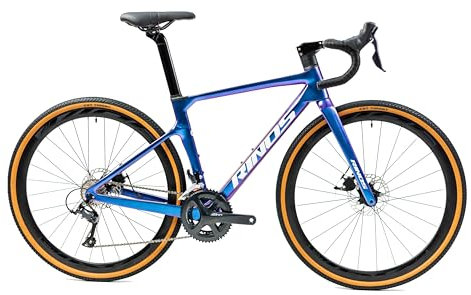 Rinos Sandman 1 Bici Gravel in Carbonio | SORA, 18 Velocità | Telaio in Carbonio T800 | 9,8 kg | Freni a Disco | Pneumatici CST 700x40C (Blu, L (56cm))