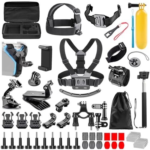 TAVADA Kit di Accessori per Action Camera,Kit Accessori per GoPro,49-In-1 Fascia da Testa per Action Camera+custodia tenuta stagna+bastone per selfie,Compatibile Bastoncino da sci con 2 teste a sfera