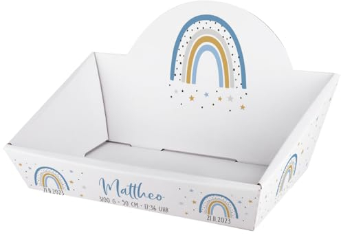 Striefchen® Personalisierter Präsentkorb zur Geburt als Babygeschenk zum selbst Befüllen (Regenbogen Blau, 42,5 cm x 24 cm x 28 cm (B/H/T))