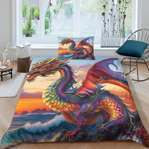 EVMILA AI 3D Gedruckter Colourful Dragons Bettbezug Set Bettwäschegarnitur Mädchen Junge Kinder Bettwäsche Und Kissenbezüge Reissverschluss Weich Microfaser 2 Teilig Single(135x200cm)
