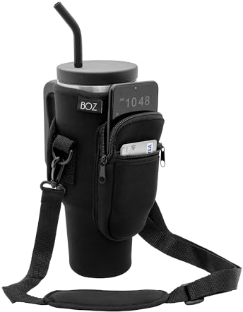 BOZ Sac à Bandoulière pour Bouteille d'eau, Porte Gobelet et Téléphone 1,2 L - Porte Gourde avec Sangle réglable Pratique pour Sports, Randonnée, Camping, Voyage, Protection en néoprène (Noir)