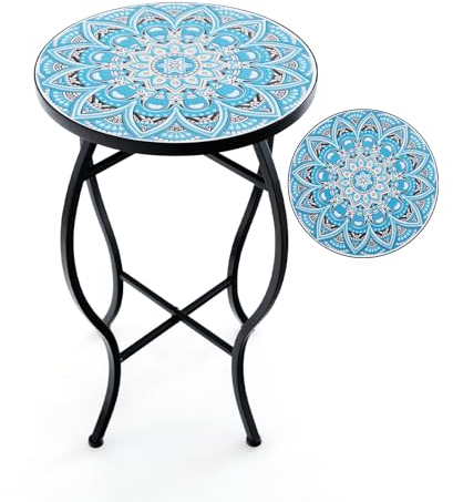 COSTWAY Beistelltisch Mosaiktisch Rund, Mosaik Gartentisch Bistrotisch, ∅30 x 50 cm, Balkontisch aus Metall & Keramik, Blumenhocker für Balkon Terrasse Garten (Blau)
