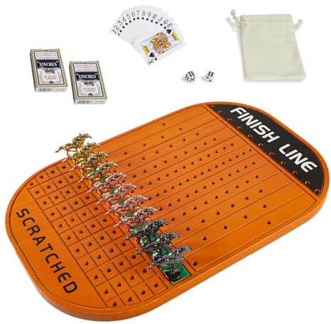 Jyquorp Pferderennen-Brettspiel, Rennspiel, verdicktes Massivholz mit 11 luxuriösen, langlebigen, klassischen Metallpferden mit 4 Würfeln und 2 Karten-Boxen, Pferderennspiel (roter Pfirsich)