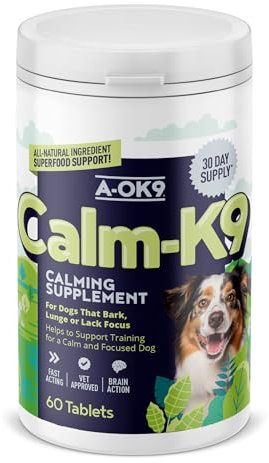 A-OK9 Calm-K9 Calming Supplement for Dogs - 60 Tablets - Aids Anxiety Relief, Fireworks, Stress & Barking - Improves Reactive Behaviour - Natural Ingredients - For All Ages & Breeds