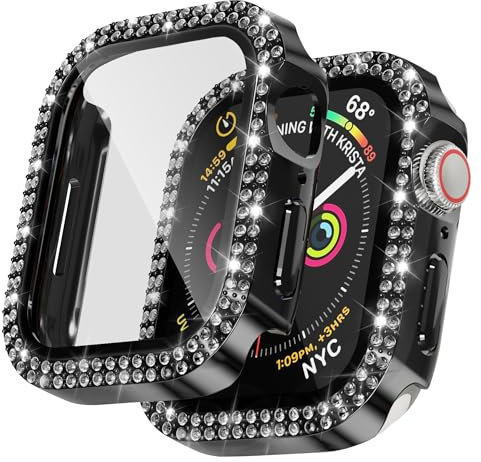 Custodia per Apple Watch 41 mm, pellicola protettiva per schermo serie 9/8/7, da donna, con strass e strass, cover rigida in policarbonato per accessori iWatch, 41 mm, nera