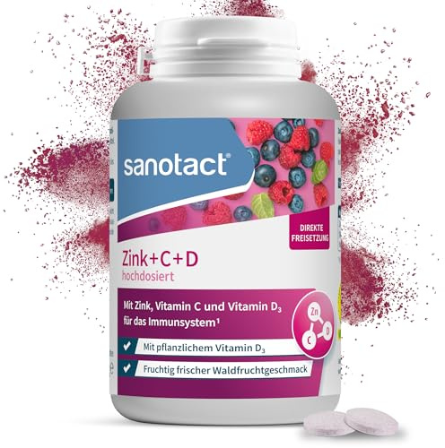 sanotact Zink+C+D hochdosiert | Zink Vitamin C und D Lutschtabletten | Waldfruchtgeschmack | Immunsystem | 150 vegan Lutschtabletten