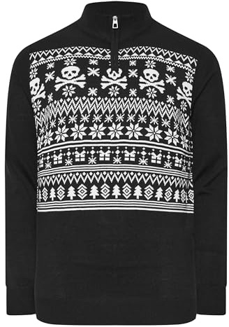 BadRhino Big & Tall Quarter Zip Fairisle Skull Knitted Christmas Jumper - Men's - Plus Size Curve