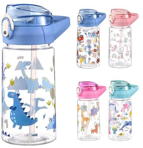 PLUSHCEWT Gourde Enfants 500 ml / 17,6 oz Bouteille d’eau pour enfants avec paille étanche pour l’école Facile à ouvrir Serrure sécurisée Bouteille de sport sans BPA pour filles garçons (B)