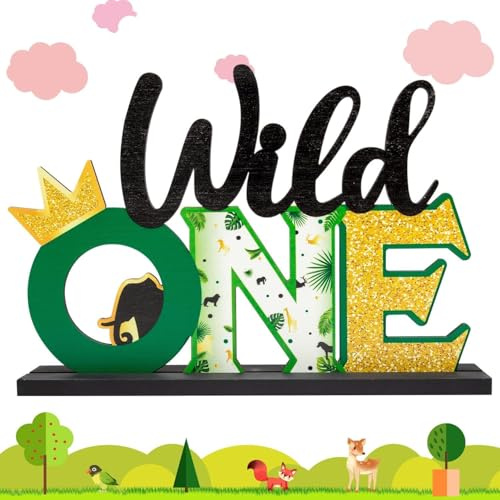 Haooryx Wild One Buchstabenschild aus Holz, Tischdekoration, grüner Dschungeltiere, erster Geburtstag, Tischdekoration für Kinder, Safari-Tiere, 1. Party, Plaketten, Babyparty, Hintergrund,