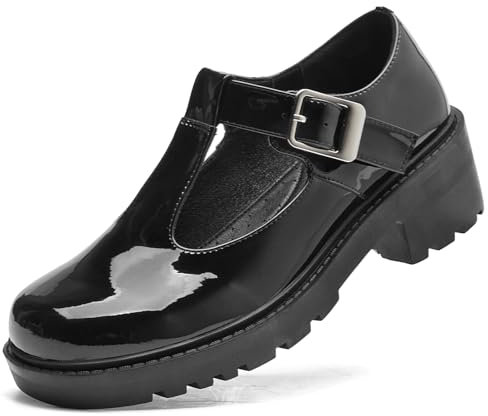 DADAWEN Women's T-Strap Mary Jane Pumps Chunky Platform Lolita Dress Shoes Patent Black 8.5 UK