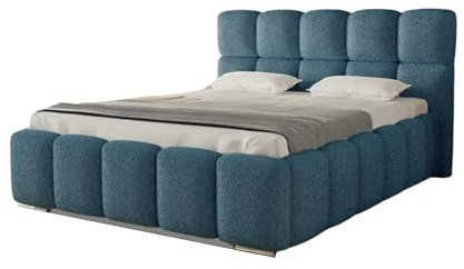 AGMAT-FURNITURE POLSTERBETT Luna mit Kopfteil, 180 x 200 cm, Doppelbett mit Bettkasten und Lattenrost aus Metall, Boucle Stoff: Blau
