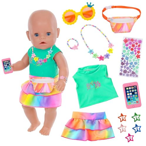 13 Stück Puppenkleidung Kompatibel mit 35-43 cm New Born Baby Puppen, Bunte Pentagramme mit Westen Rock Taschen Brillen Halsketten Armbänder Clips Aufkleber für 14-18 Zoll Neugeborene Baby Puppen