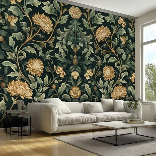 William Morris Wallpaper, Golden Flower Victorian Floral Botanical Wallpaper Mural, Non-Woven Decor Wall Paper, Photo Mural for Room, Hallway, Lounge, 300cmx210cm