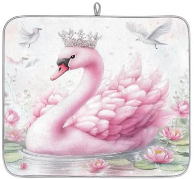 Dish Drying Mat, Romantic Pink Swan Absorbent Dish Drying Mat for Kitchen Counter Coffee Machine Sink Dish Rack Marble Worktop