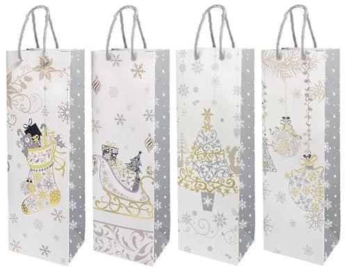 12 PCS Christmas Bottle Bag Wine Gift Bags Kraft Paper Champagne & Whiskey Gift Bags with Handles, For Spirits Xmas Party Decoration (White)