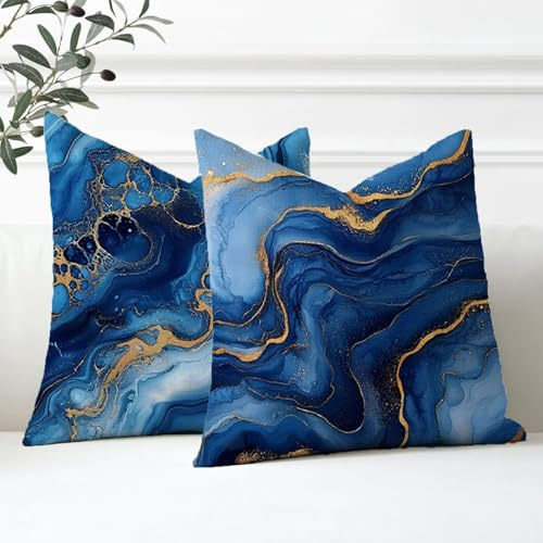 Kissenbezug 35x35cm 2er Set, Blau Outdoor Kissen kissenberuge Quadrat Samt Dekokissen, Beidseitiger Druck Marmor Outdoorkissen mit Verstecktem Reißverschluss für Garten, Bank, Herbst Dekor XD-934