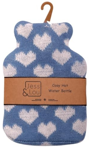 Jess & Lou Mini Hot Water Bottles Soft Knitted Pattern Design Gift Idea (Cornflower and White Hearts)