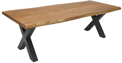 Riess Ambiente Massivholz Esstisch Mammut - 240cm - Natur schwarz - Esszimmertisch aus Akazienholz mit X-Gestell aus Metall, Baumkante