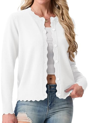 GRECERELLE Women's Cardigans Knit Crew Neck Lightweight Long Sleeve Cardigan Sweater Ladies Button Down Scalloped Shrugs Jumper for Dress Summer Evening Wedding
