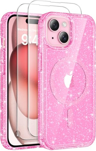 AROYI for iPhone 15 Case, Glitter Transparent Phone Case with 2 Tempered Glass Screen Protector, Compatible with Mag Safe, Shockproof Acrylic Magnetic Sparkle Bling for Women and Girls, Pink