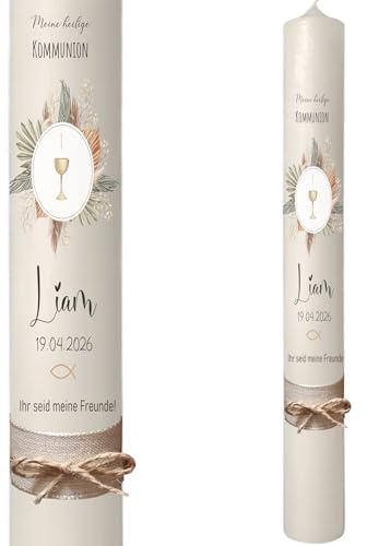 Taufkerze Kommunionkerze Blumen, Kelch, Kreuz, Natur - Liam - personalisiert mit Name und Datum | Verschiedene Kerzengrößen | Kommunionkerze für Mädchen und Jungen | Schlicht | Modern