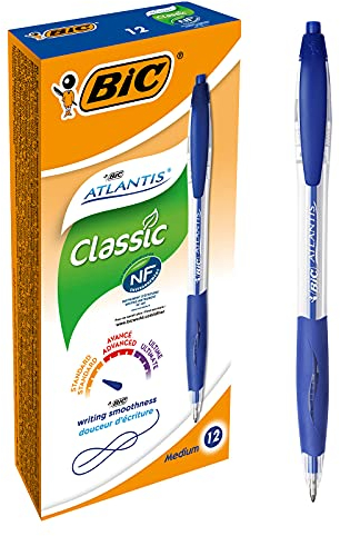 BIC Kugelschreiber Set Atlantis Classic, in Blau, Strichstärke 0,4 mm, nachfüllbar, 12er Pack, Ideal für das Büro, das Home Office oder die Schule