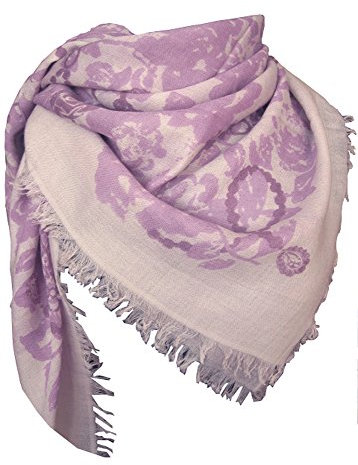 Nella-Mode Traumhaft feines weiches Wolltuch mit kurzen Fransen ca. 115x115cm in romantisch floralem Design in zartem flieder und seidengrau (sehr hellem grau) Tuch Schultertuch 100% Wolle