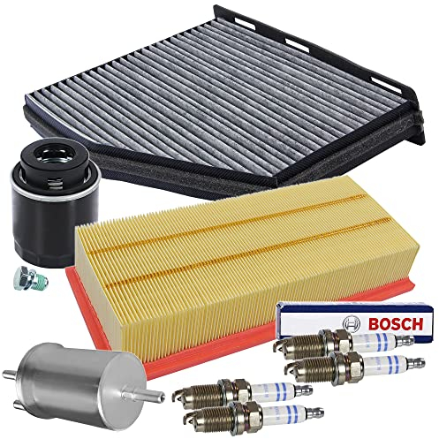 BESTPRICE Inspektionspaket Filterset mit 1x Ölfilter, 1x Luftfilter, 1x Innenraumfilter (Pollenfilter) mit Aktivkohle, 1x Kraftstofffilter, 4x Zündkerze Doppelplatin FR6HI332,