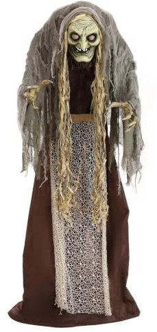 5ft Scary Witch Animatronic Outdoor & Indoor Decoration, Life Size Battery Operated Sound Light-Up Glowing Eyes Creepy Display Decor