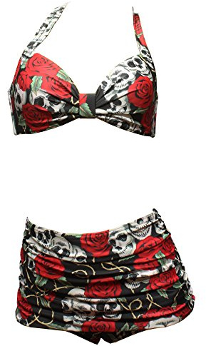 Aloha-Beachwear Damen Vintage Bikini Set mit Totenkopf Skull Rose Panty Retro Tattoo, A10740 Mehrfarbig (L / 40 / UK 14, Mehrfarbig)