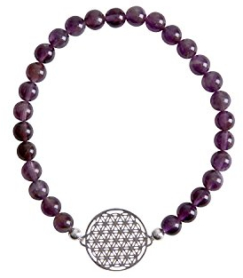Strecharmband Amethyst Armband mit 925 Silber Plättchen Blume des Lebens Ø 15 mm