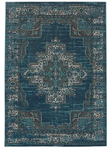 RugVista, Vintage Vega, Teppich, Kurzflor Teppich, 300 x 400 cm, Rechteckiger, Modern, Oeko-Tex Standard 100, Polypropylene, Flur, Schlafzimmer, Küche, Wohnzimmer, Petrol/Türkis, Dunkelblau