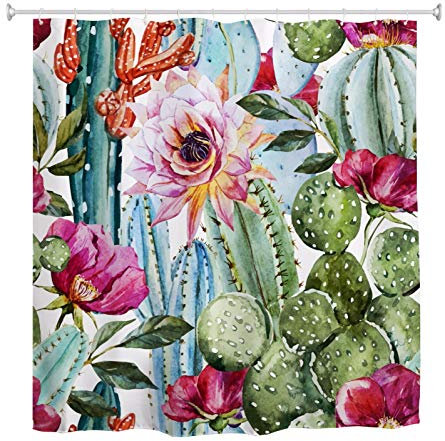 A.Monamour Duschvorhang Aquarell Tropischen Kaktus Sukkulenten Blumen Muster Kunst Hintergrund Drucken Wasserdichtes Gewebe Bad Vorhang Polyester Duschvorhang Mit Haken Ringe 150x180 cm / 60x 72