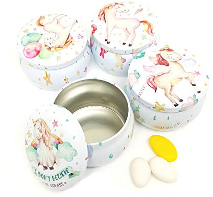 C.X.Y. 12 Stück runde Blechdose Geschenkkorb Einhorn Glücksbringer Bonboniere