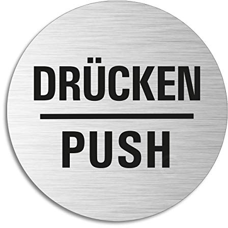 Schild Drücken Push Türschild aus Aluminium Edelstahloptik selbstklebend Ø 75 mm