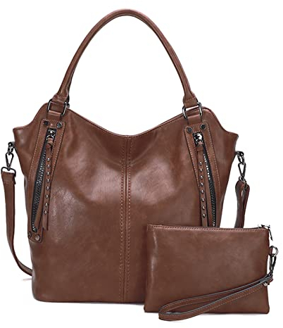 FANDARE Damen Handtasche 2pcs Groß Schultertasche Umhängetasche Wasserdicht PU Leder Frauen Tragetasche Henkeltasche Hobo 2-teiliges Set für Büro Schule Reisen Arbeitstasche Braun