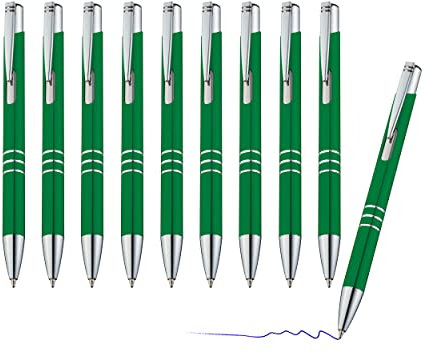 sin4sey 10er Set Metall-Kugelschreiber mit Zierringen - blau schreibend, Druckmechanismus, in trendigen Farben (Grün)