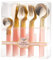 Decor Decorline - Ensemble de couverts réutilisables en plastique robuste - 40 pièces - Avec 16 fourchettes, 8 couteaux, 8 cuillères et 8 cuillères à dessert - Noble - Haut: Or - Poigné: Rose