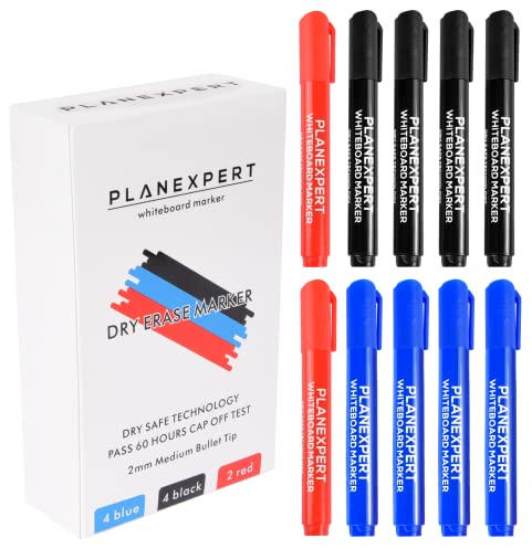 PLANEXPERT Whiteboard Pens 3 colors for Whiteboards, Dry Wipe Markers with Black,Blue and Red,Dry Safe Technology for Marker Pens,2mm Medium Bullet Tip,10 Pens Pack