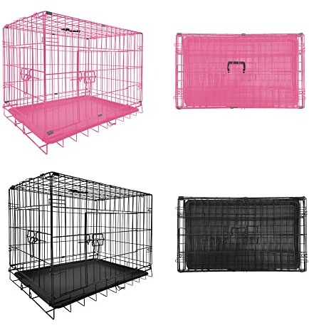 Medium Dog Crates Pets Dog Puppy Crate Pet Black Metal Folding Cage Dog Travel Crate for Car with 2 Doors with Removable PlasticTray and Carry Handle(Medium 24)