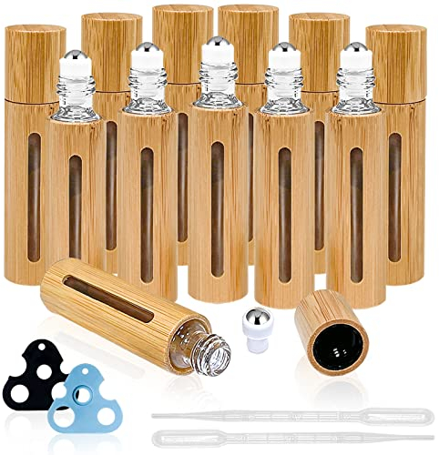 JOENCOST 12 Stück 10ml Roll On Flaschen mit hohlem Fenster, Nachfüllbarer Leer Behälter mit Edelstahl-Roller Kugeln, Dropper Flaschen für Parfüm Essenz Flüssigkeit Kosmetik