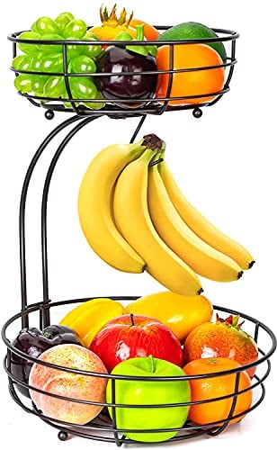 Bomclap Obstkorb mit Bananenhalter - 2 Stöckig Obstschale aus Metall - Küche Stehend Moderne Obstschalen - Dekorativer Gemüsekorb Obstschale - Braun