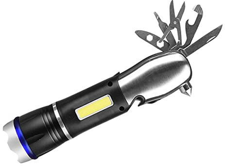 ZOREI Linterna LED recargable multifunción, cortacintura + rompevidrio + cuchillo multiusos + LED Cob lateral, impermable IP65, bolsillo y zoomable