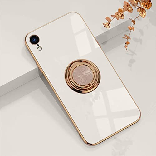 EYZUTAK Electroplated Magnetic Ring Holder Case for iPhone XR, 360 Degree with Rotation Metal Finger Ring Holder Magnet Car Holder Soft Silicone Shockproof Cover for iPhone XR - White