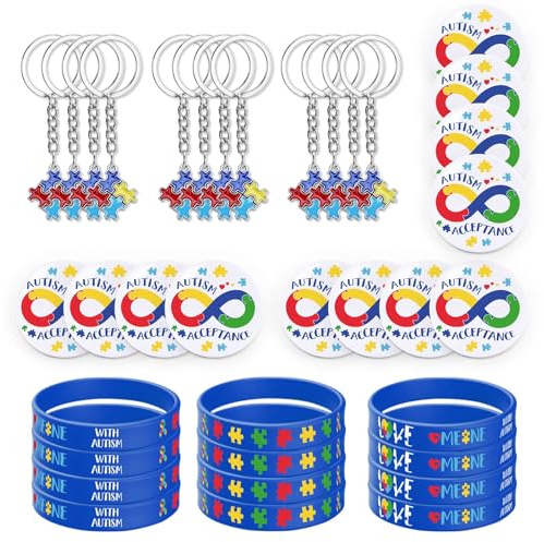 Sinasasspel Autism Awareness Silicone Bracelets Badges and Keychains 36pcs Set, Colorful Puzzle Pieces Rubber Wristbands Badge Pins Autism Bracelets for Women Men Teen, Teaching Supplies
