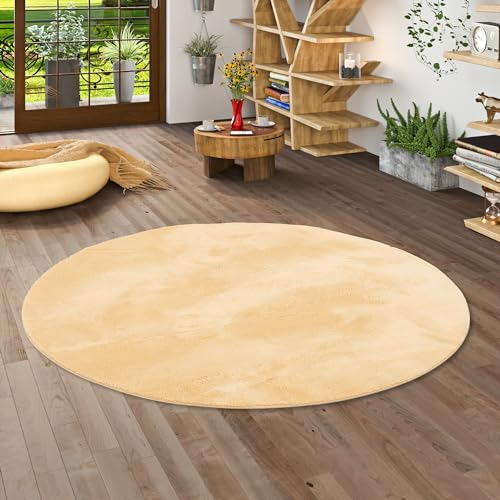 Kunstfaser Teppich Wohnzimmer Luxus Super Soft Fellteppich Pearl Curry Gelb Rund in 3 Größen