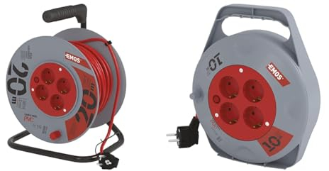 EMOS Kabeltrommel Schuko, 20m Kabel mit 1mm Querschnitt & P19510 Mini-Kabeltrommel 10m / 4-Fach Kabelbox/Kabelrolle