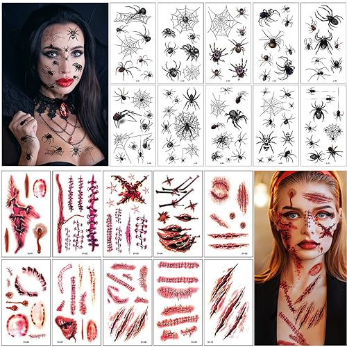 20 Blatt Halloween Temporäres Tattoo, Realistisch Spinne und Narben Wunden Tattoo, Halloween Vampir Tattoo Gesicht, Halloween Narben Zombie Vampir Tattoo, Halloween Party Deko Cosplay Zubehör
