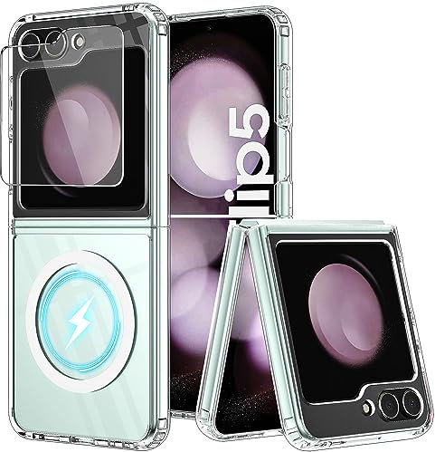 Giolus Hülle für Samsung Galaxy Z Flip 5 Kompatibel mit Mag Safe mit 2 Stück Schutzfolie, Dünn Transparent Nie Vergilbung Hart PC Magnetische Handyhülle Kratzfest Clear Magnetic Schutzhülle